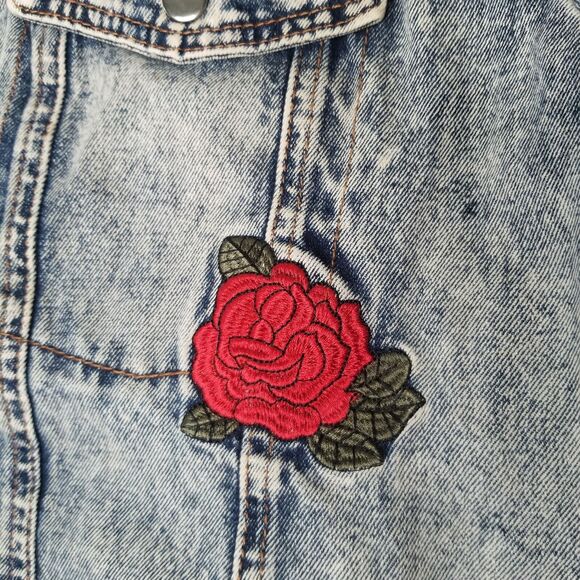 Forever 21 Plus Acid Wash Denim Jean Trucker Jacket Howling Wolf Back Patch 2X - Picture 6 of 11